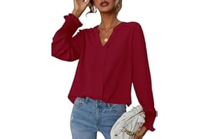 SYKT Elegancka bluzka damska z długim rękawem, dekolt w serek, koszula, szyfon, jednokolorowa
