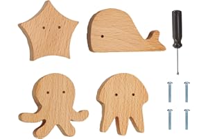 ED-Lumos Boutons d'armoire en bois pour chambre d'enfant, lot de 4 boutons en bois,Boutons de Placard Décoratifs, Bouton de Meuble pieuvre méduse baleine étoile de mer
