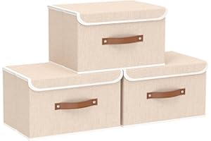 Yawinhe Lot de 3 Boîte de Rangement, Pliable de avec Couvercle, pour Serviettes, Vêtements, 33x23x20cm, Beige, SNK018BE-S