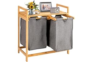 COSTWAY kosz na pranie, 2 przegródki, z 2 wyciąganymi workami na pranie, bambusowy pojemnik na bieliznę z półką, sortownik na bieliznę do łazienki, salonu i sypialni (szary)