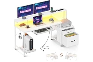 Coleshome Scrivania Gaming con LED e Prese, 140x48cm Scrivania con 2 Cassetti, Tavolo Computer Reversibile con Supporto Monitor e Vassoio per Tastiera Ufficio Casa,Bianco