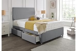 SANA SLEEP Premium Plain Fabric Divan Bed Set With Mattress, 2 Drawers (Same Side) and Headboard 3FT Single - Sierra Shark Grey