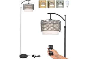 Rayofly Arc Floor Lamps for Living Room, Dimmable Floor Lamp with Remote Control, Boho Standing Lamp with Rattan & Linen Lampshades, Grey Corner Floor Lamp for Bedroom Office, Smart LED Bulb Included