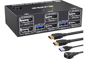 YOUTINGHDAV Przełącznik KVM Displayport 3.0 DP 4K 144 Hz Do 2 Monitorów i 4 Urządzeń USB, Z Kablem
