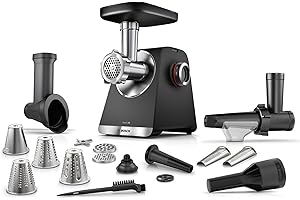 ‎BOSCH Bosch MultiPower Serie 6 Fleischwolf MFWS660B, 3 Lochscheiben (3, 4,5 und 8 mm), Edelstahl, spülmaschinenfest, Reibe-, Wurst- und Kebbe-Aufsatz, Entsafter, Motorblockleistung 2.100 W, Schwarz