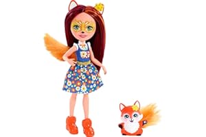 Enchantimals Fxm71 - Felicity Fox doll i Flick Figure doll (15Cm) Z Długimi Brązowymi Włosami, Zwierzęcymi Uszami i Puszystym Ogonem, odpinaną Spódniczką, Bucikami