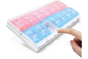FHORAIN 7-dniowy organizer na tabletki 2 razy dziennie, tygodniowy organizer na tabletki, rano, przycisk, różowy i niebieski