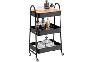 K AKTUAL Carrito Auxiliar con Ruedas, Carrito de Cocina con Tapa Bambú con 3 Ganchos,Carro Organizador almacenaje, 44x32x80cm. Ideal para baño, Cocina, salón, Oficina y estetica. Color Negro.