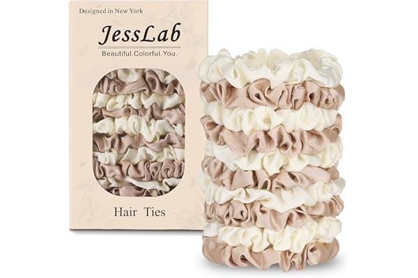 JessLab Luxe Satin scrunchies, inga skador hårband för sömn, ultra-skonsam mot alla hårtyper, 10-pack