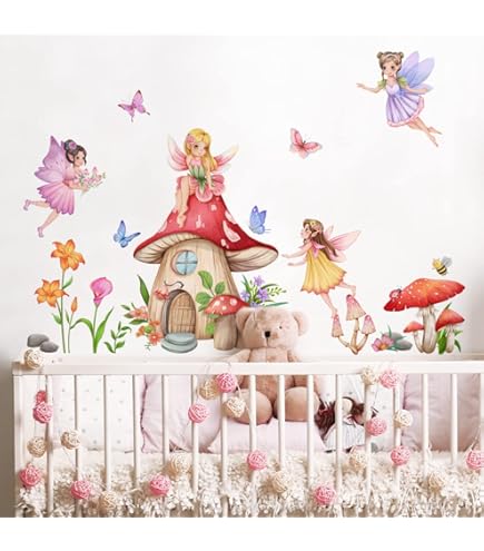 OOTSR Muursticker voor meisjeskamer, maan wolf bloem fee wandplaatje, roze bloemen muurtattoo vlinders wanddecoratie voor meisjes baby kinderkamer slaapkamer speelkamer