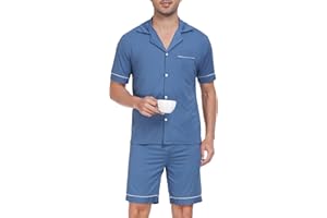 Sopesil Pigiama Uomo Estivo Corto Pigiami Due Pezzi Uomo Cotone con Bottoni Davanti e Maniche Corte Abbigliamento da Notte con Tasche Coulisse