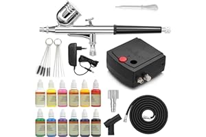 Awsuc Profi Dual Action Airbrush Kompressor Set mit Acrylfarben Airbrush Farben,12x10ml, Lackierpistole für Werbeillustrationen, Bodypainting, Modellbau, Nail Design, Kuchen, Kosmetik