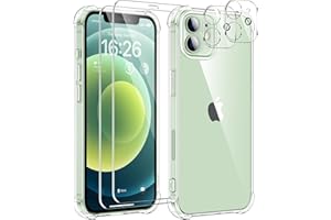 SOGUDE 5 en 1 Coque pour iPhone 12 avec 2 Verre Trempé et 2 Caméra Protecteur, Étui de Protection Antichoc avec Coussin d'air Intégré Mince Bumper Housse - Transparente