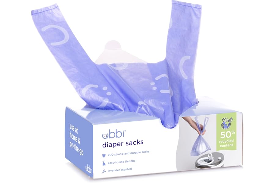 Ubbi Disposable Nappy Sacks, Lavender Scented, Easy-To-Tie Tabs, Durable, Thick Baby Nappy Disposal or Pet Waste Bags, 200 Count
