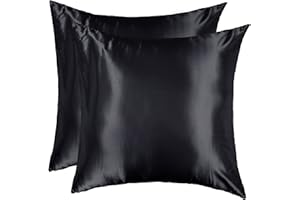 OSVINO Taie d'oreiller en Soie 65x65 Lot de 2 Housse Coussin Satinées Certifiée Oeko-TEX pour Cheveux et Peau avec Fermeture éclair Dissimulée Lisse Elégant Taie d'oreiller Carrée Maison Hôtel, Noir