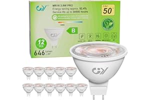 GY Ampoules LED GU5.3 MR16 12V Classe B, 646LM Blanc Chaud 3000K，3.8W Équivalent 50W 36° Angle LED Spot (Faisceau Étroit), Efficacité Energétique, Non-Dimmable,Pas de scintillement, Lot de 12