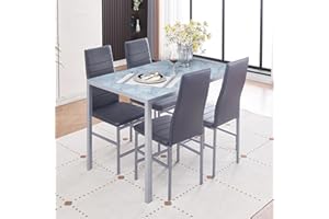 Paonne Glass Dining Table Chair Set 4, 5Pcs Dining Room Set 4, Glass Rectangular Table with PU Leather Chairs Modern Home Kitchen Furniture Set