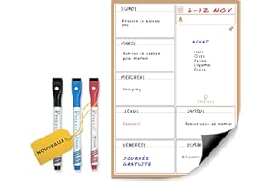 Previs Planning Frigo Magnetique Planificateur Hebdomadaire A4 (21x30CM) avec 3 Marqueurs Premium-Tableau Magnetique Frigo Aimanté - Semainier Magnetique Tableaux de Planification Menu Semaine Ardoise