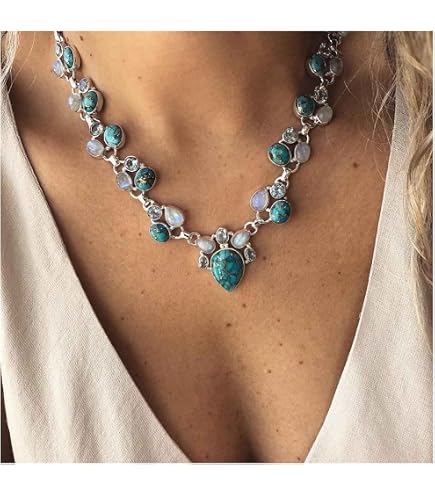 Collier Pendentif Turquoise Naturelle - Lotus Sculpté Main - 45 Cm - Bijou Femme Cadeau