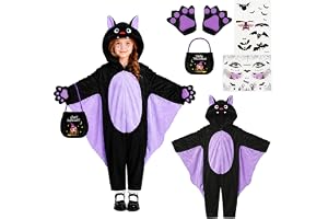 Barnfladdermusdräkt för pojkar och flickor 2-10 år, barnfladdermusoverall halloweenkostym med lila fladdermusvingar, öron, tassar, handväskväska, klistermärken för bus eller-godis, halloweenfester