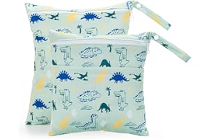 fanksoow 2Pcs Wet Bags, Waterproof Travel Beach Baby Cloth Diaper Wet Dry Bags for Soiled Baby Clothes Swimsuits (Dinosaurs)