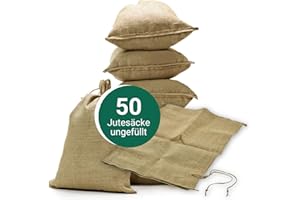 AGRI plus 50 Stück Hochwassersäcke unbefüllt I 40 x 60 cm I nachhaltige Hochwasserbarriere-Säcke aus Jute I Flutschutzsäcke mit Bindeband I stabile Sandsäcke mit Fassungsvermögen bis 20kg