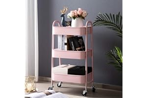 Lvhecforhm Rollwagen 3 Ebenen, Küchenwagen mit Griff, Küchenwagen Servierwagen, Mobile Aufbewahrungsbox mit Rädern, Aufbewahrungswagen für Küche Schlafzimmer, Büro, Make-up Badezimmer, Rosa