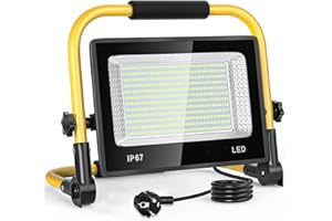 ELEGANTED Faretto LED da Cantiere 200W, 20000lm Fari Led da Esterno con Spina, 6500K Lampada da Lavoro IP67 Impermeabile Cavo 2M, con Staffa Pieghevole, Faretto Lavoro per Edilizia,Officina, Garage