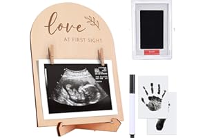 KAMHBE Baby Scan Photo Frames Pregnancy Announcement Gifts, Baby First Wooden Birth Sign Board with Footprint Pen Kit Baby Shower Photo Prop (Wooden)