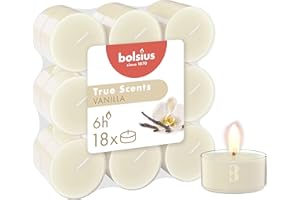 Bolsius - True Scents - 18 Scented Tea Lights - Vanilla - Long Burn Time of 6 Hours - Diameter 39 mm – Natural Extracts – Includes Vegan Wax – Without Palm Oil