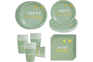 FAIRYMAIDEN Assiette Jetable Anniversaire - 96pcs Kit Vaisselle Jetable Vert Sauge Anniversaire, Réutilisable Assiettes Tasses Serviettes pour Decoration Joyeux Anniversaires Garçon Fille Femme Fête (24 Invités)