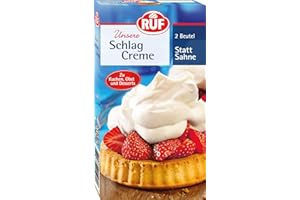 ‎RUF RUF Schlag-Creme, vegetarischer Sahne-Ersatz mit pflanzlichem Öl, fettarme Sahne-Alternative für Erdbeer-Kuchen, Torten, Waffeln, Eis, glutenfrei, 2 x 40g