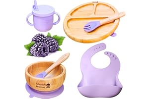 CLAUDI HOME Kindergeschirr-Set aus Bambus, Jungen Mädchen Kinder Baby Teller Schale mit Saugnapf, Geschirrset Antirutsch Babygeschirr Essen, Gabel Löffel Lätzchen Tasse Silikon Deckel und Strohhalm, Lila