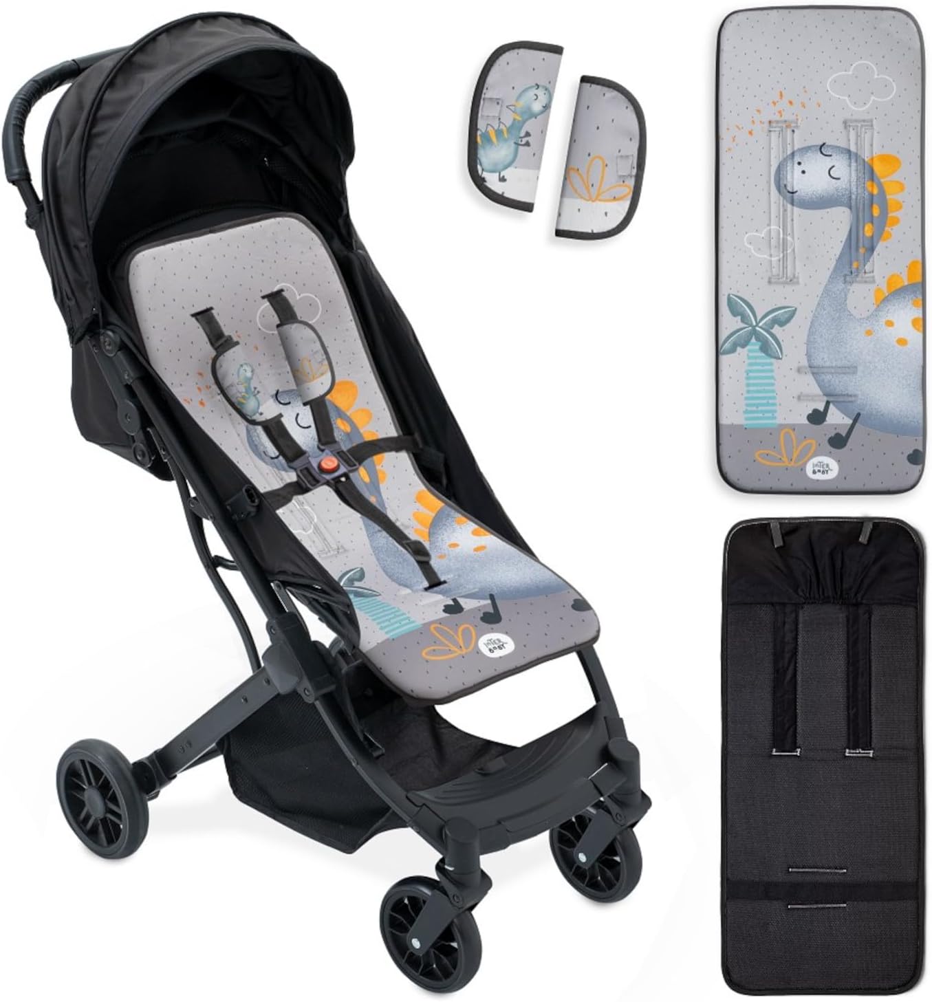 Colchoneta Silla Paseo Universal Funda Carrito Bebe Transpirable Primavera Verano Ligera Ajustable – Regalo Recien Nacido Niña/o BabyShower - Dino Gris