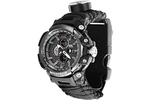 POCHY 23-in-1 Military Tactical Watch for Men, Multifunctional Outdoors Waterproof Survival Watches with Compass Whistle Fire Starter and Thermometer, Paracord Watch Bracelets with Outdoor Army Gear