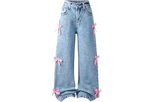 SoLu DAY8 Jean Enfant Fille Troué à La Mode Ample 6-14 Ans Pantalon Denim Baggy Ado Fille Jambe Large Confortable Pas Cher Chic école Casual Vacances