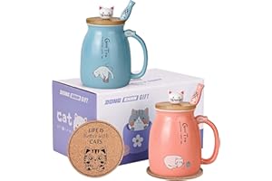 DONGSHANGIFT Kubki dla kotów, zestaw 2 uroczych kubków do herbaty z kotem, ceramiczny kubek do kawy z pokrywką kawaii i łyżeczką, urocze kubki dla kobiet, dziewcząt, miłośników kotów, 450 ml, Boże