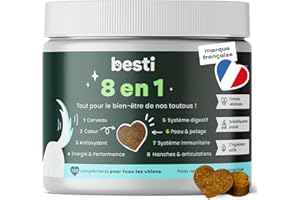 BESTI - 8 en 1 | 120 Compléments Alimentaires Premium Multi-Vit pour Chiens | Vitalité, Probiotiques, Articulations, Pelage, Coeur, Cerveau | Marque Française - Formule Vétérinaire | Au Poulet | 300gr