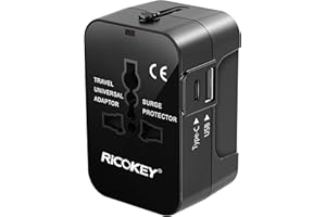 RICOKEY Universal Travel Adapter Worldwide Plug Adaptor with USB-C, International Power Adapter with 2 USB Ports World Travel Adaptor Wall Charger for EU USA UK Australia Thailand (Type C/G/A/I)