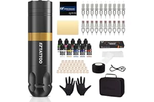 EZ TATTOO EZ Kit per Tatuaggi - Kit Macchina per Tatuaggi Completo di Penna Rotante per Tatuaggi, Alimentazione a Batteria 1500mAh, 20Pz Aghi per Tatuaggio Assortiti per Gli Artisti del Tatuaggio (Caster S Oro)