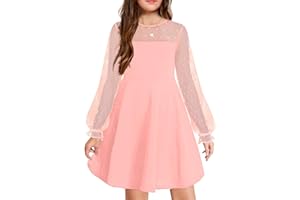 Arshiner Vestido Corto Acampanado de Cintura Alta y Manga Larga con Malla en Contraste para niñas de 6 a 13 años