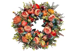 ERWOULLT Fall Wreath for Front Door,Artificial Pumpkins Wreath,40cm Autumn Artificial Wreath with Pumpkins and Peony, Thanksgiving Wreaths,Halloween Wreath for Window Wall Decorations