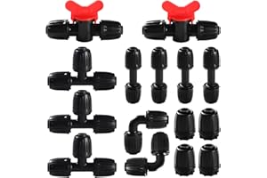 VooGenzek 15 Piezas Juego de Accesorios de Irrigación para Tubo 16 mm, Conectores de Púas de Manguera para Sistemas de Riego, Válvulas de Compuerta, Tees, Rectos, Codos, Tapón, Negro