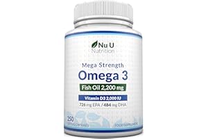 Nu U Nutrition - Omega 3 2200mg & Vitamin D3 2000IU - 250 Softgel Capsules - 726mg EPA & 484mg DHA per Serving - Alternative to Cod Liver Oil Capsules - High Strength, Wild Caught - Made in The UK