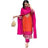 GoSriKi Women's Rayon Blend Straight Embroidered Kurta with Pant & Dupatta