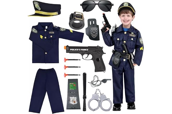 Hengrongshen Deguisement Policier Enfant, Costume Policier Enfant avec Chemise, Pantalon, Chapeau, Bâton et Autres Accessoire policier enfant pour Cosplay Flic pour Halloween Carnaval