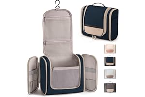 Rieeyrslza Bolsa de Aseo para Colgar Neceser de Viaje Neceser Maquillaje Grande para Hombre y Mujer Bolsa Aseo con Gancho y Manija, para Viajes Gimnasios Negocios y Vacaciones (Azul Oscuro+Beige)