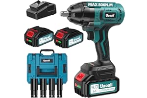 Uaoaii Avvitatore a batteria 800 N.m (580 ft-lbs), avvitatore elettrico a impulsi senza motore con 2x4.0 Ah 21V batteria al litio, avvitatore a impulsi con 4 bussole