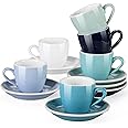 LOVECASA Porcelain Espresso Cups with Saucers, 80 ml, Set of 6, Cup & Saucer Sets, Cool Assorted Colors