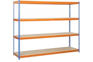 SIMON RACK SimonRack Estantería Metálica Almacenaje, Sin Tornillos, 4 Baldas Madera, Alta Capacidad Carga 400 kg, 2000x1800x450 mm, Estantería Taller Garaje Trastero, Azul/Naranja/Madera